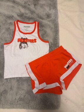 Hooters White Tank with Orange Trim and Orange Athletic Shorts
